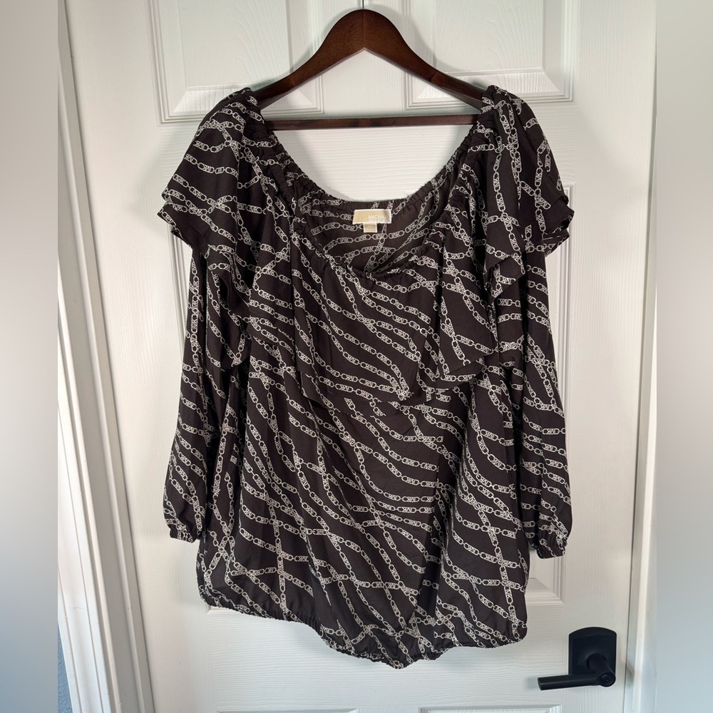 Michael Kors MK Chain Logo Brown Ruffle Off the Shoulder Blouse Size 2X Womens